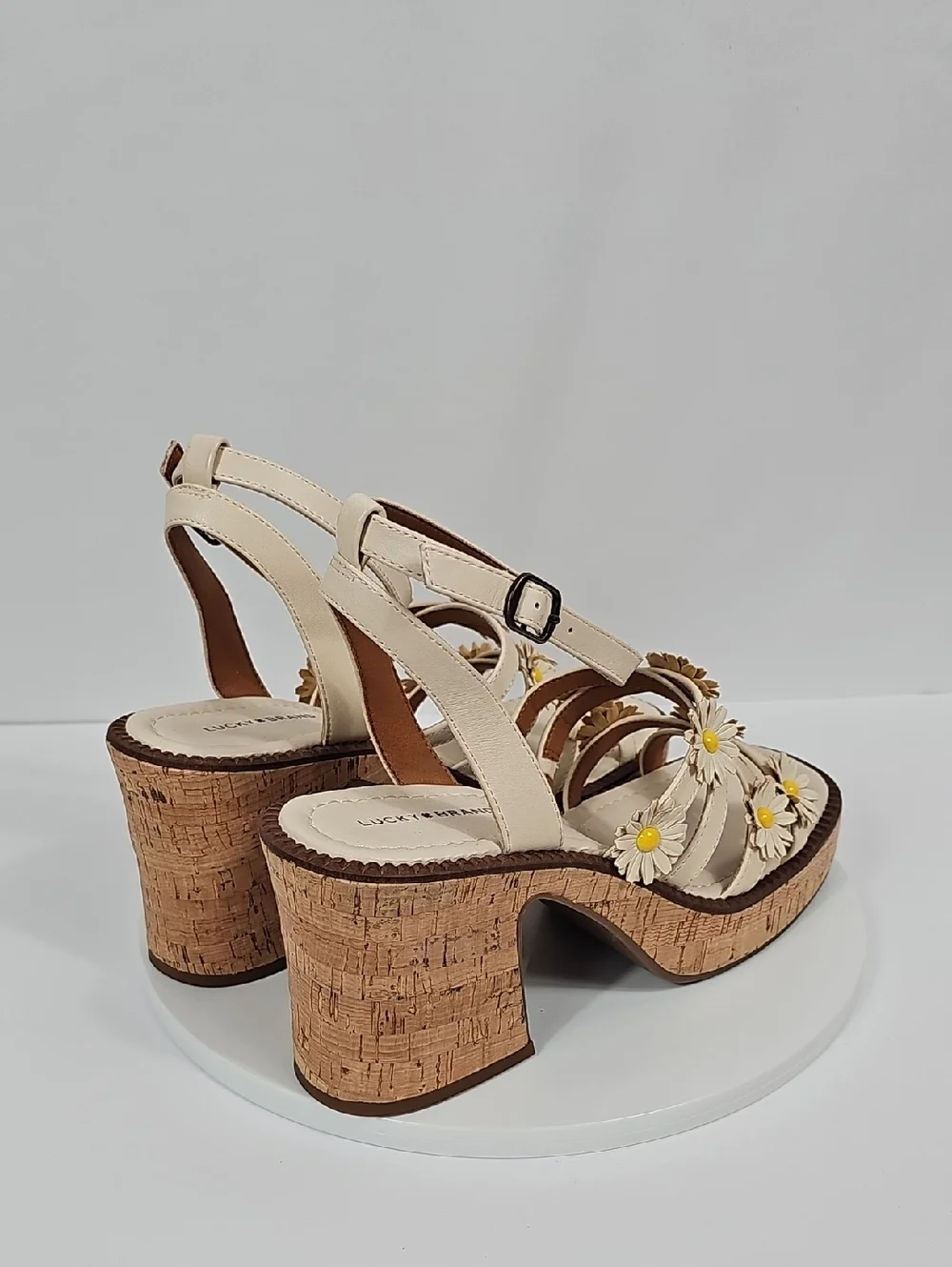 NIB Lucky Brand Taiza Daisy Floral Platform Sandals Cork Block Heel Cream 11